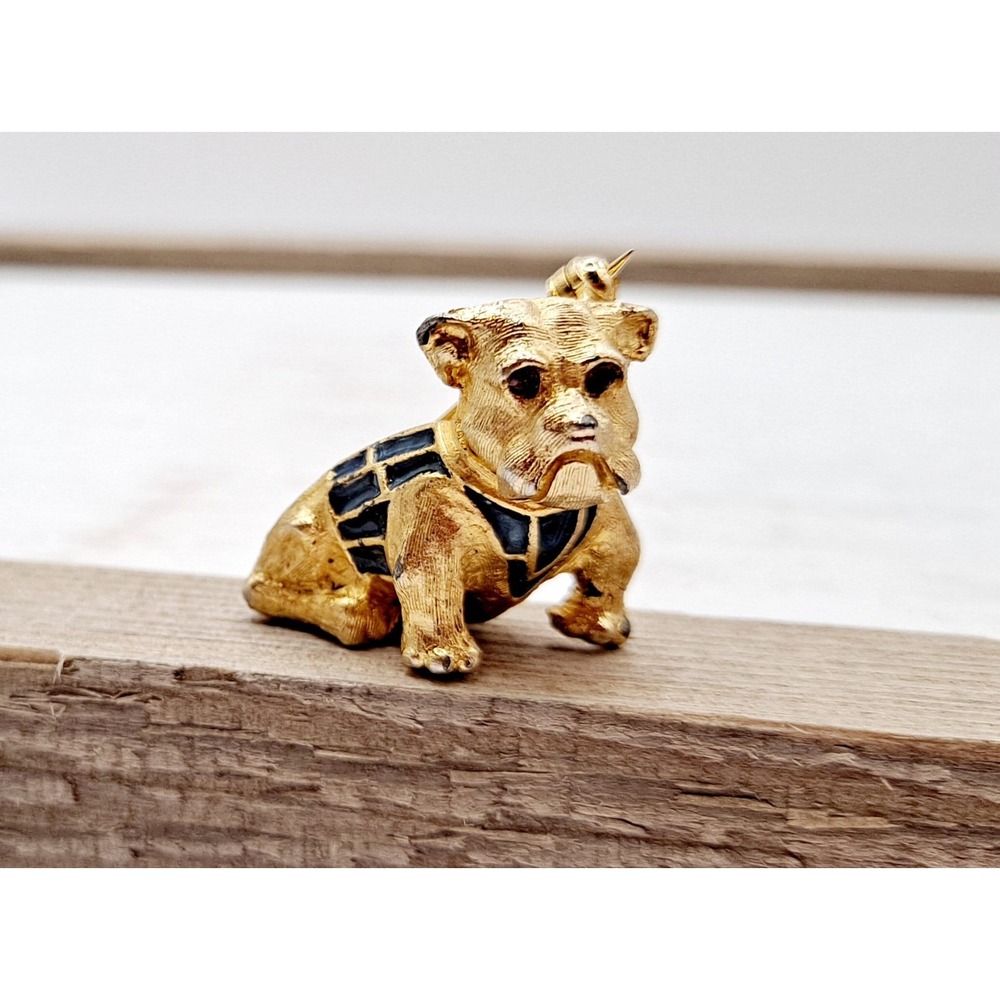 Vintage Goldtone English Bulldog Brooch – Blue Enamel Sweater, Rhinestone Eyes